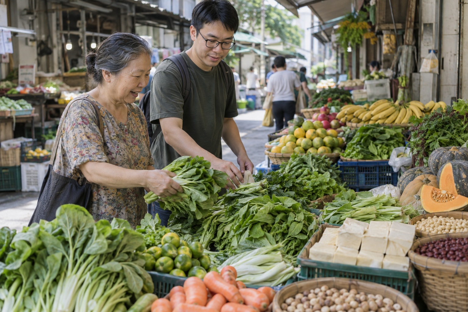 hong-kong-whole-food-market Two adults selecting vegetables, fruit, tofu and legumes at a Hong Kong market