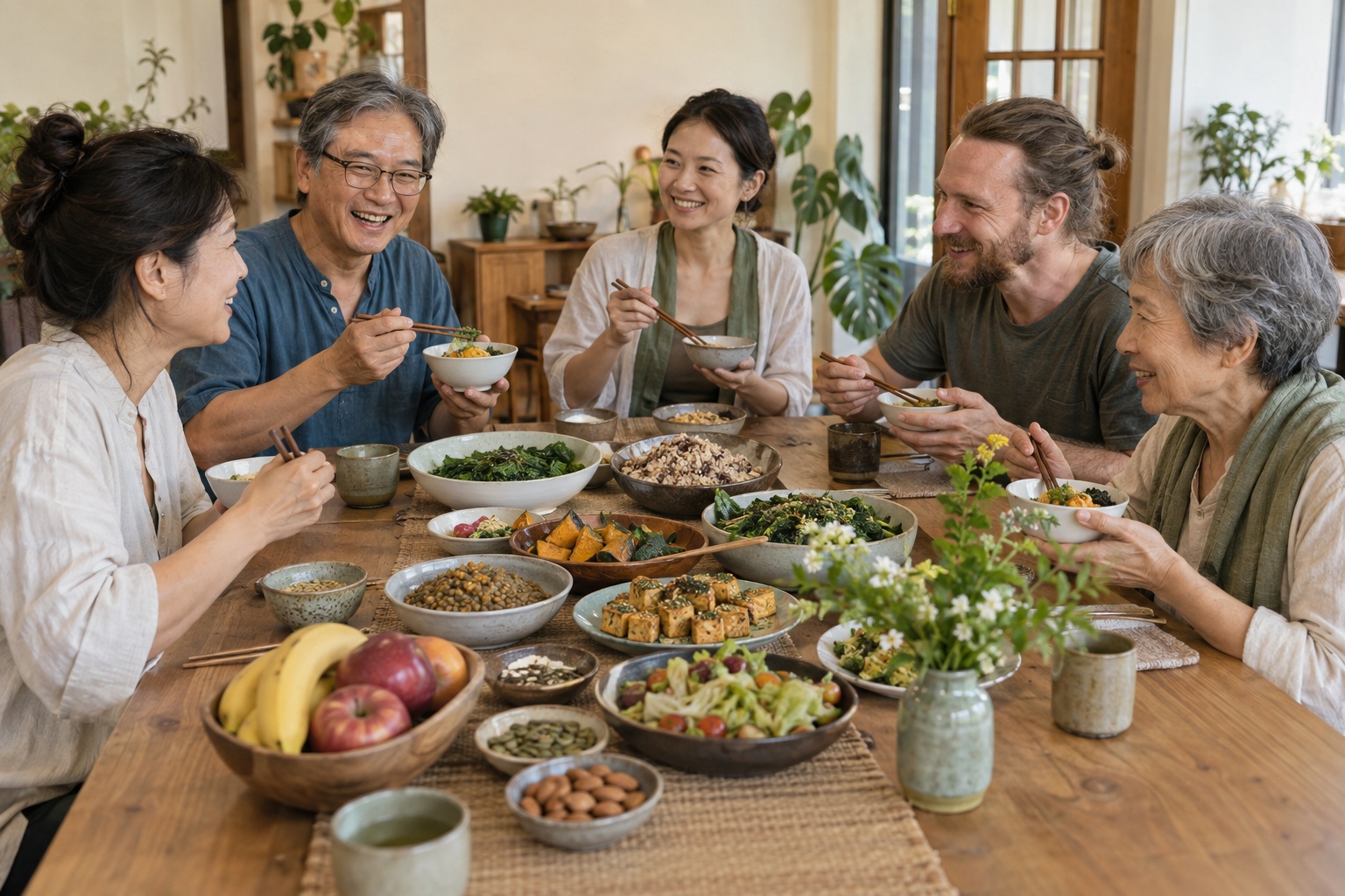 mindful-vegetarian-community-meal A diverse group of adults sharing a sentient vegetarian meal indoors