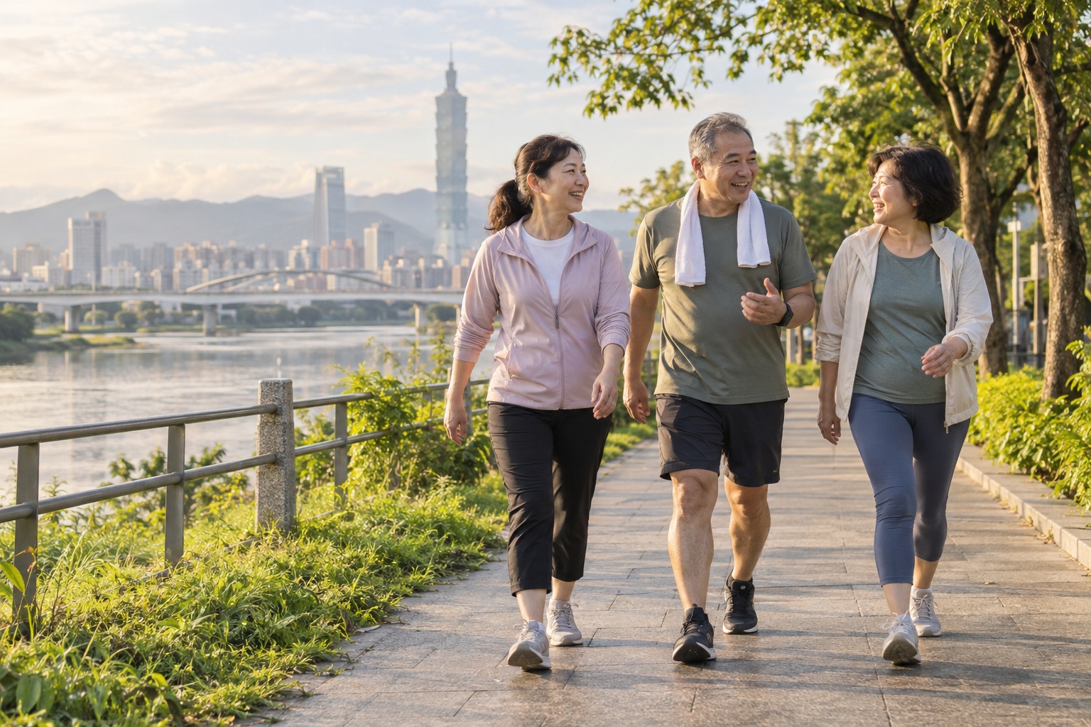 Three adults walking beside a Hong Kong waterfront park