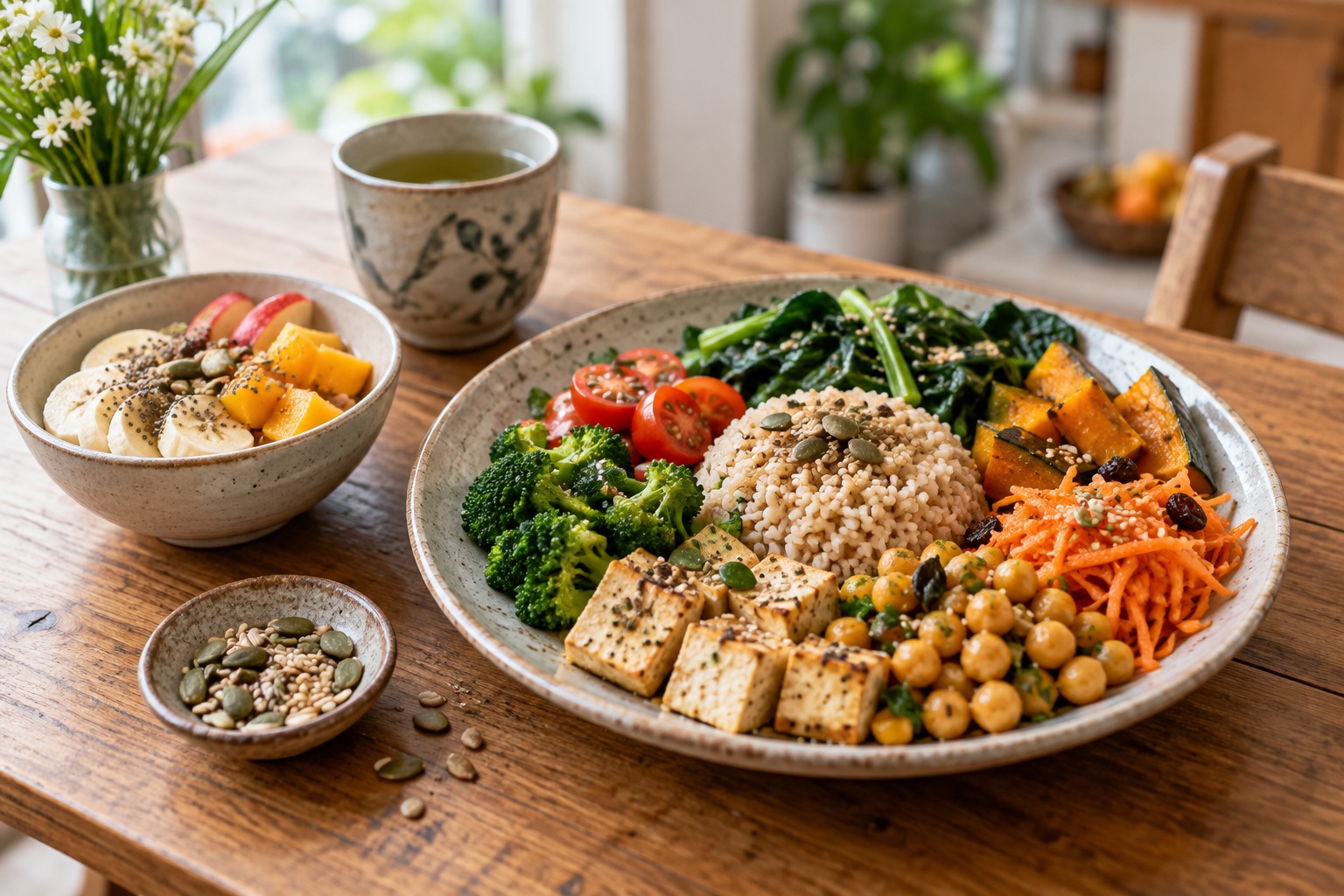 A balanced vegetarian meal with whole grains, tofu, chickpeas, vegetables, fruit, nuts and seeds