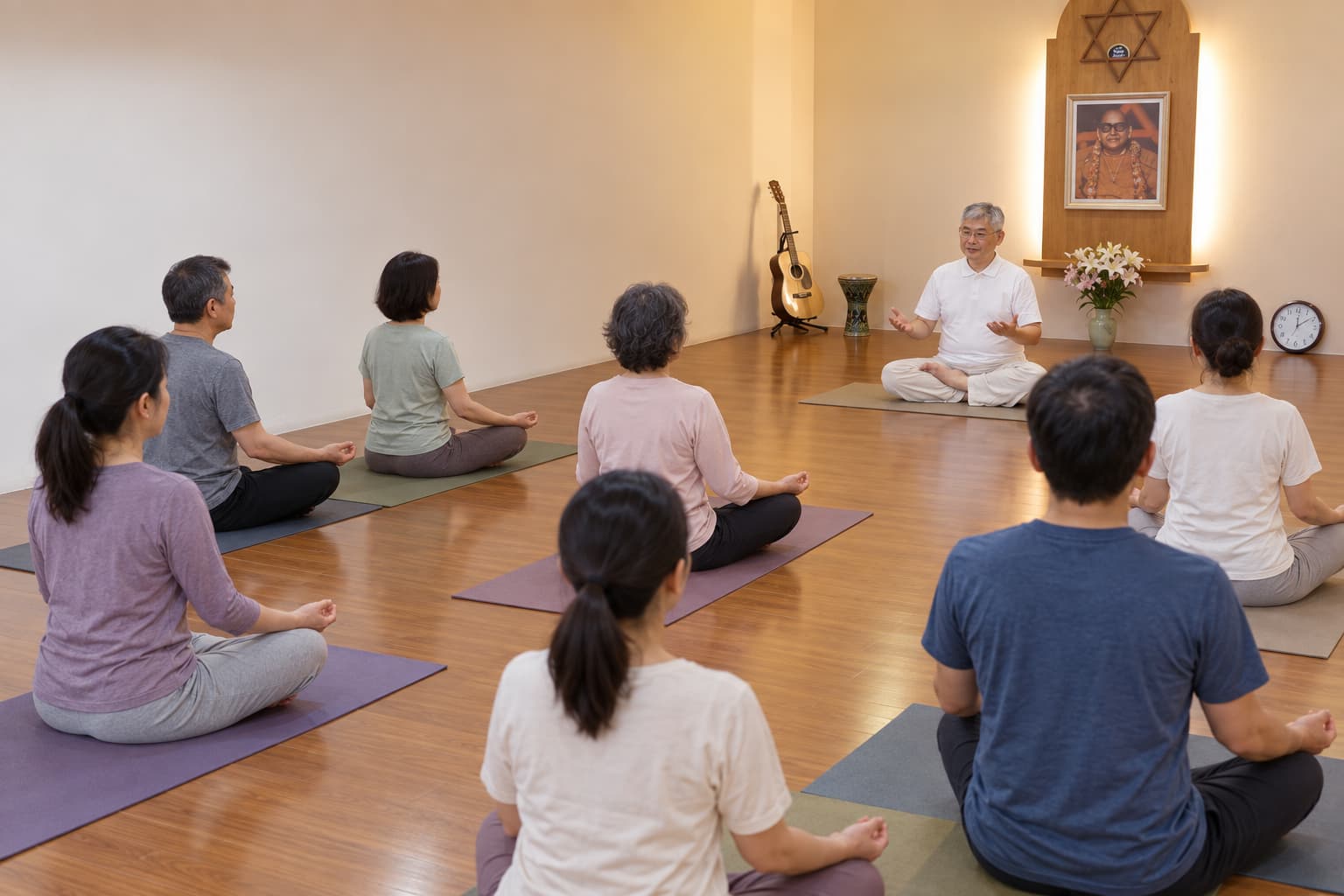 A gentle indoor yoga class at Hong Kong Meditation Centre